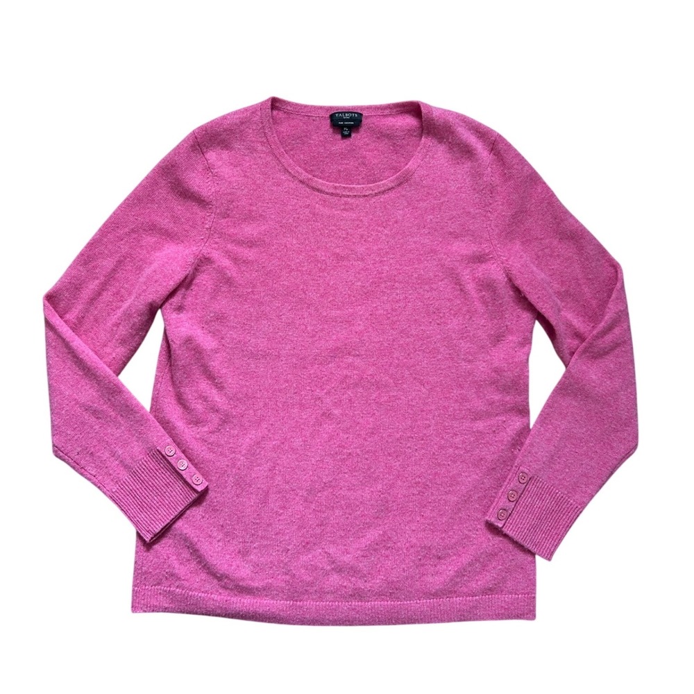 Talbots Pink 100% Cashmere Crewneck Sweater Button Cuff‎ Medium petite luxury